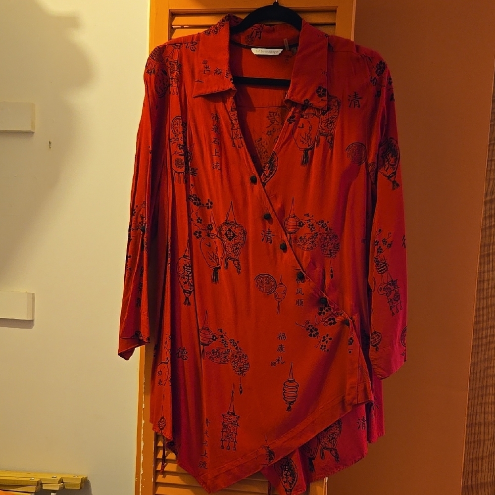 Red Wrap Blouse with Black Print